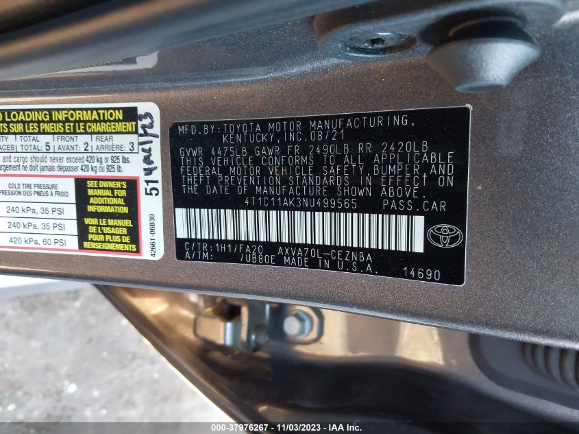 2022 TOYOTA CAMRY LE - 4T1C11AK3NU499565