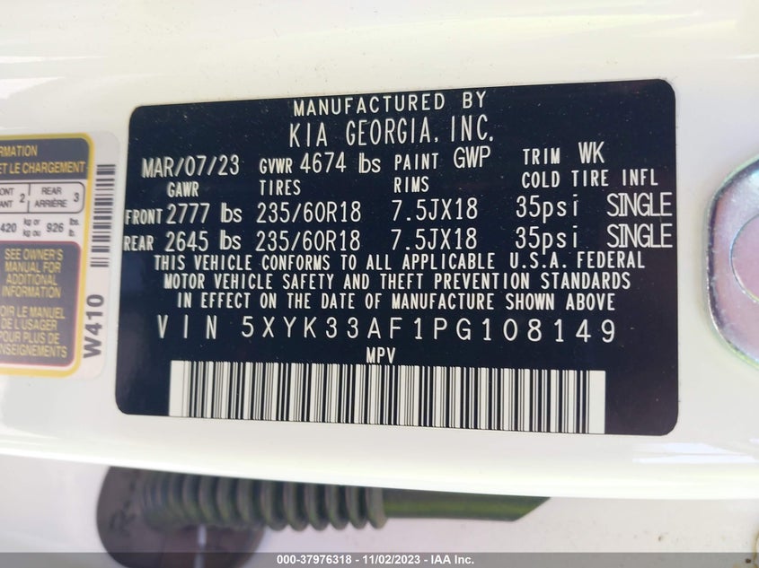 VIN 5XYK33AF1PG108149 2023 KIA SPORTAGE EX