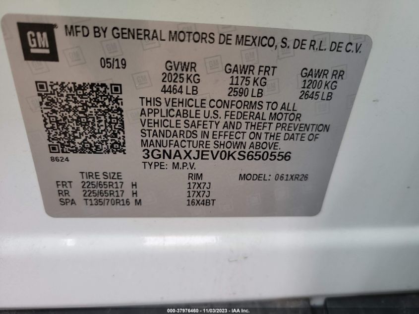 2019 CHEVROLET EQUINOX LT - 3GNAXJEV0KS650556