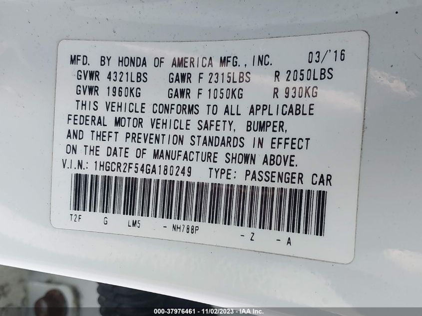 2016 HONDA ACCORD SPORT - 1HGCR2F54GA180249