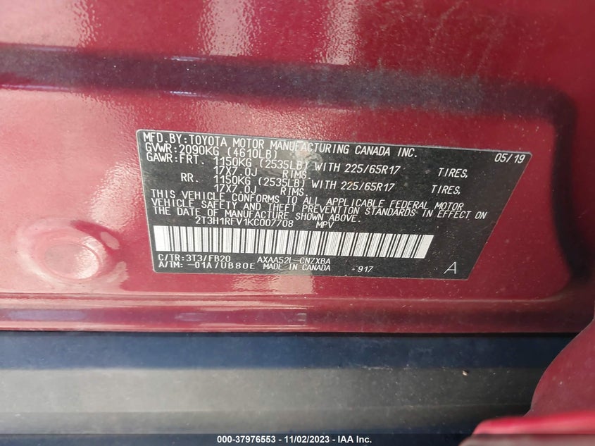 VIN 2T3H1RFV1KC007708 2019 TOYOTA RAV4 LE