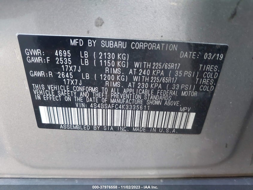 VIN 4S4BSAFC4K3335611 2019 SUBARU OUTBACK 2.5I PREMIUM