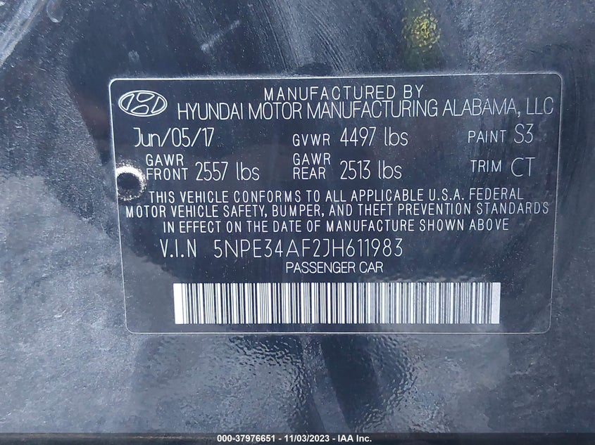 VIN 5NPE34AF2JH611983 2018 HYUNDAI SONATA SEL