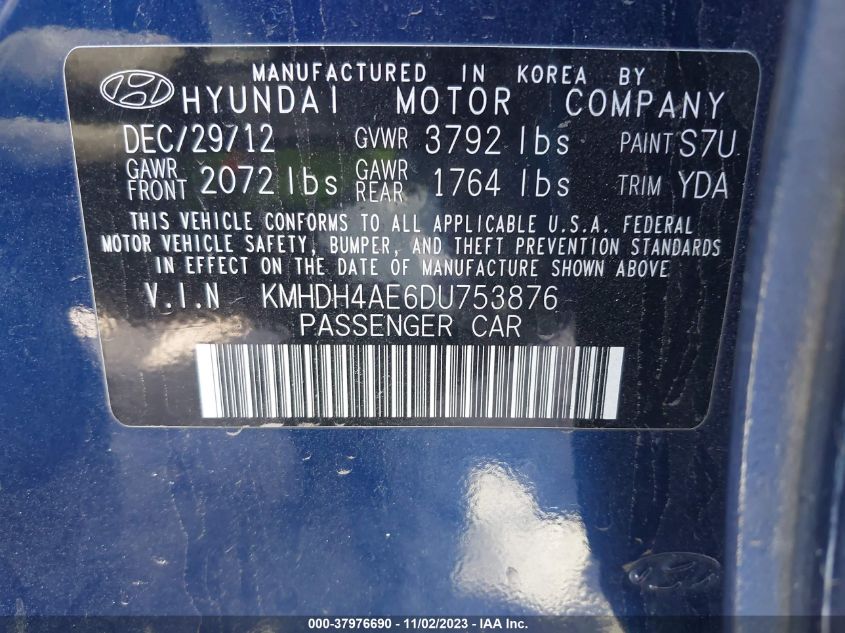 2013 HYUNDAI ELANTRA GLS PZEV - KMHDH4AE6DU753876