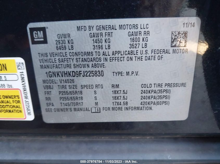2015 CHEVROLET TRAVERSE 2LT - 1GNKVHKD9FJ225830