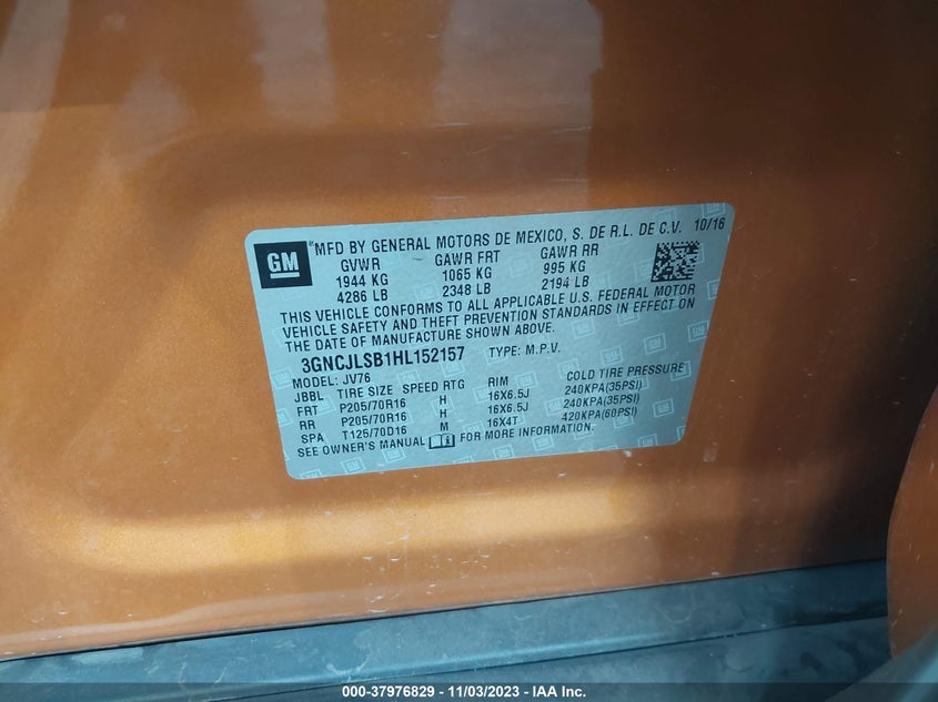 VIN 3GNCJLSB1HL152157 2017 CHEVROLET TRAX 1LT