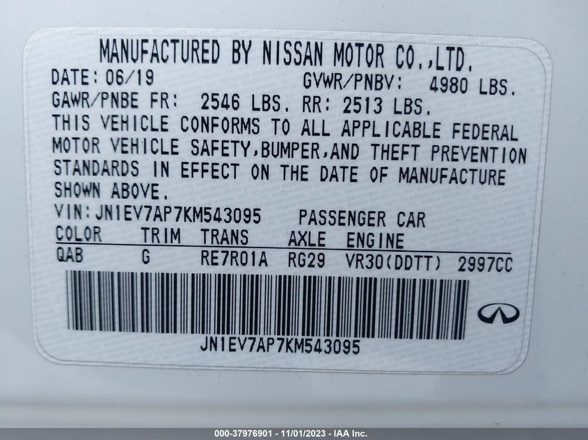 VIN JN1EV7AP7KM543095 2019 INFINITI Q50 3.0T LUXE