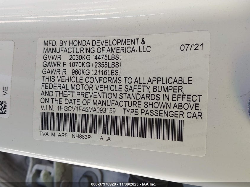 VIN 1HGCV1F45MA093159 2021 HONDA ACCORD SPORT SE