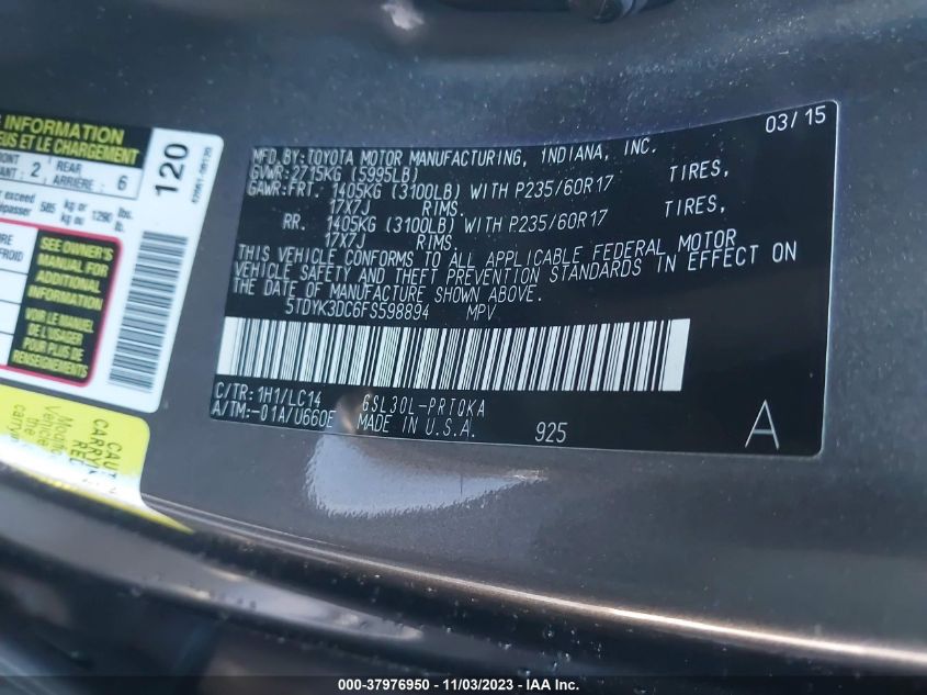 2015 TOYOTA SIENNA XLE 8 PASSENGER - 5TDYK3DC6FS598894