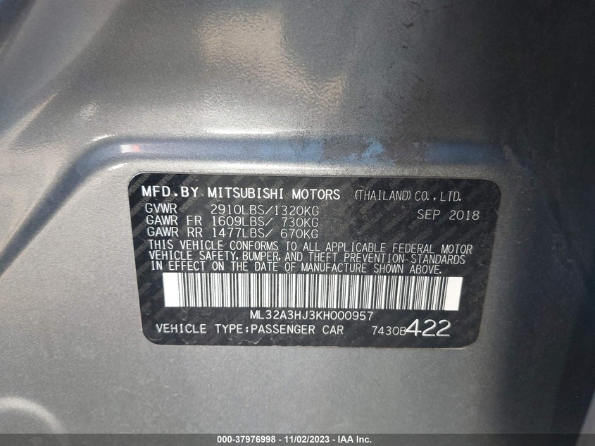 VIN ML32A3HJ3KH000957 2019 MITSUBISHI MIRAGE ES/RF