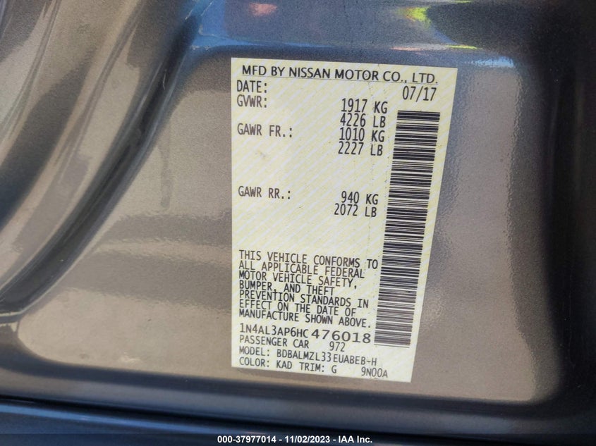 VIN 1N4AL3AP6HC476018 2017 NISSAN ALTIMA 2.5/S/SV/SL/SR