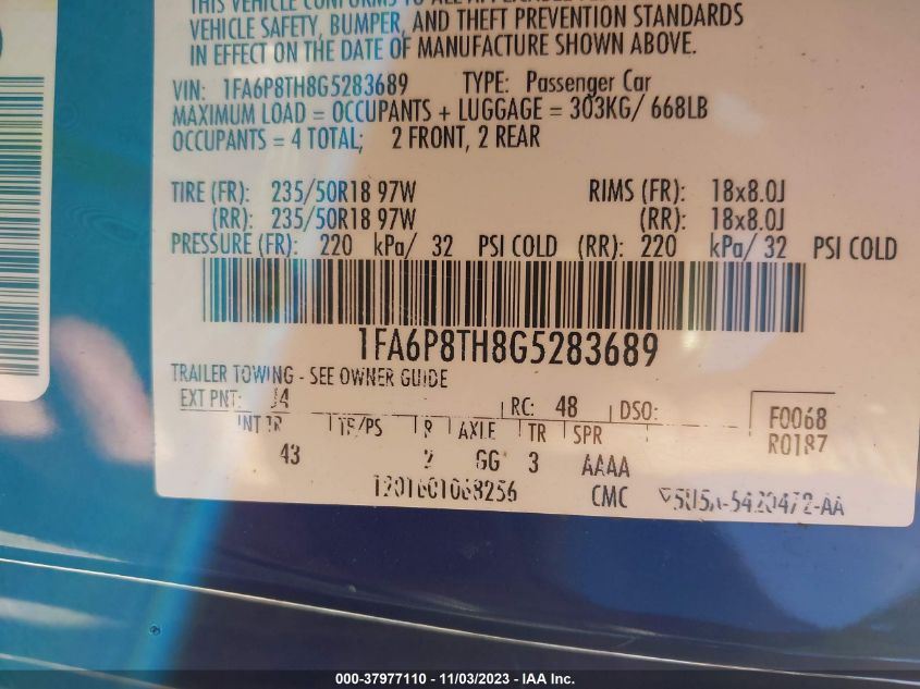 2016 FORD MUSTANG - 1FA6P5TH8G5283689