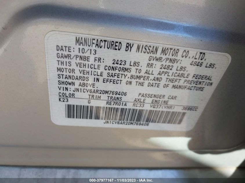 2013 INFINITI G37X X - JN1CV6AR2DM769406