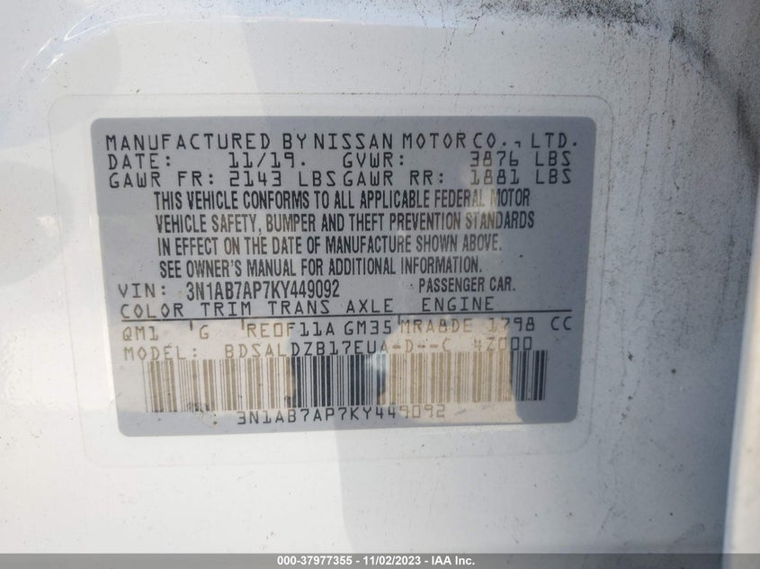 VIN 3N1AB7AP7KY449092 2019 NISSAN SENTRA S/SV/SR/SL