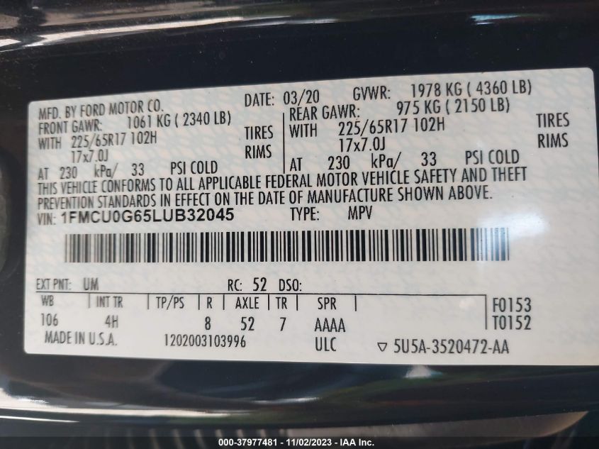 2020 FORD ESCAPE SE - 1FMCU0G65LUB32045