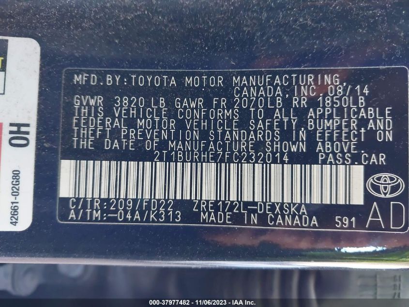 2015 TOYOTA COROLLA S PLUS - 2T1BURHE7FC232014