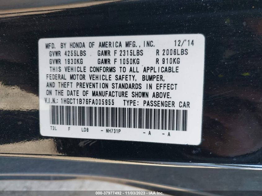2015 HONDA ACCORD EX - 1HGCT1B76FA005955
