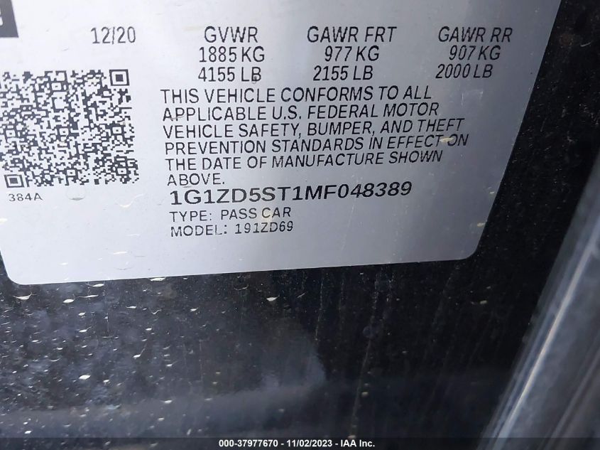 2021 CHEVROLET MALIBU LT - 1G1ZD5ST1MF048389