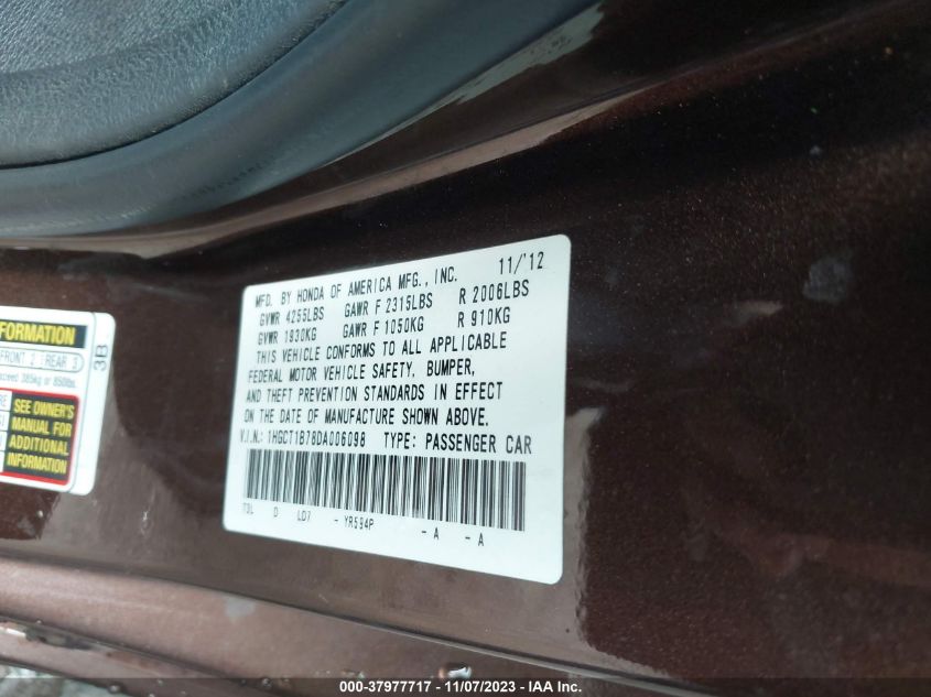 2013 HONDA ACCORD EX - 1HGCT1B78DA006098