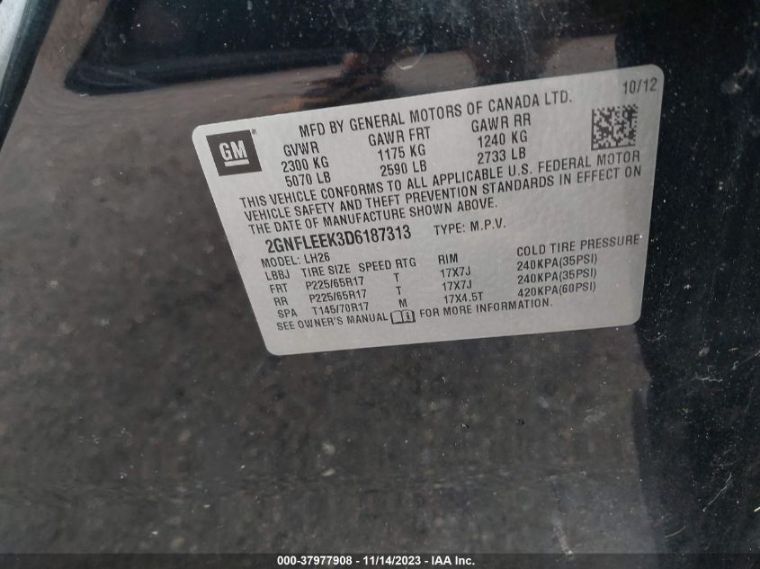 2013 CHEVROLET EQUINOX LT - 2GNFLEEK3D6187313