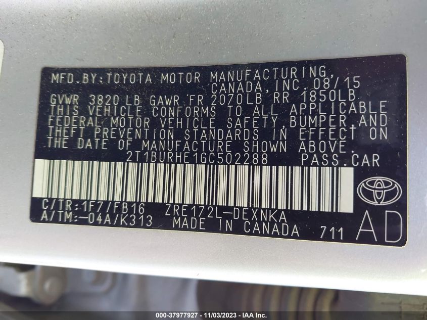 2016 TOYOTA COROLLA LE - 2T1BURHE1GC502288