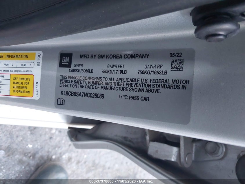 VIN KL8CB6SA7NC026089 2022 CHEVROLET SPARK LS