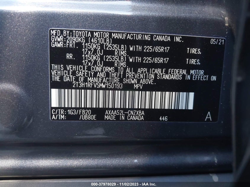 2021 TOYOTA RAV4 2.5L DOHC 4-CYLINDER(VIN: 2T3H1RFV5MW150193