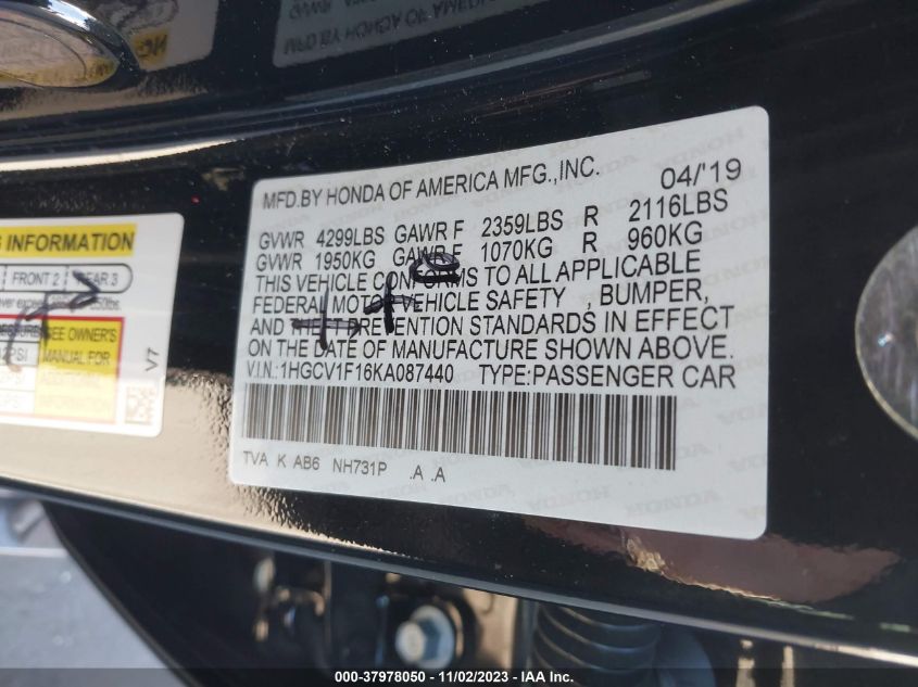 2019 HONDA ACCORD LX - 1HGCV1F16KA087440
