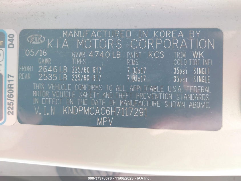 VIN KNDPMCAC6H7117291 2017 KIA SPORTAGE LX