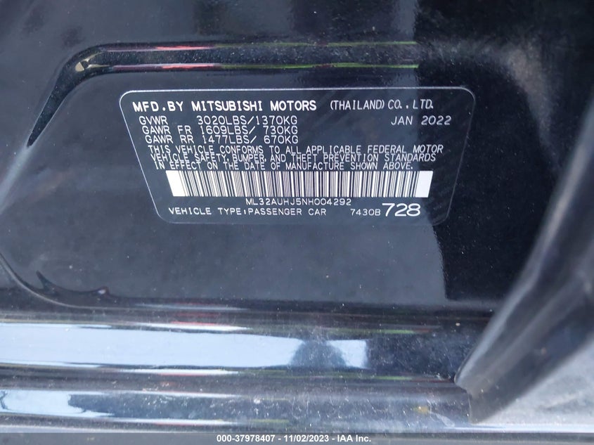2022 MITSUBISHI MIRAGE 1.2L I3   N(VIN: ML32AUHJ5NH004292