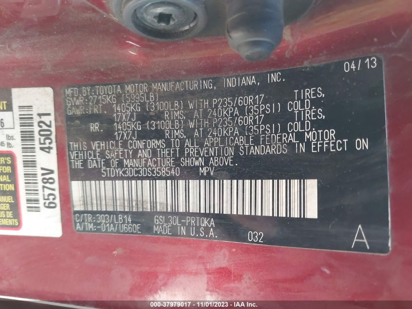 2013 TOYOTA SIENNA XLE AAS/XLE/LTD - 5TDYK3DC3DS358540