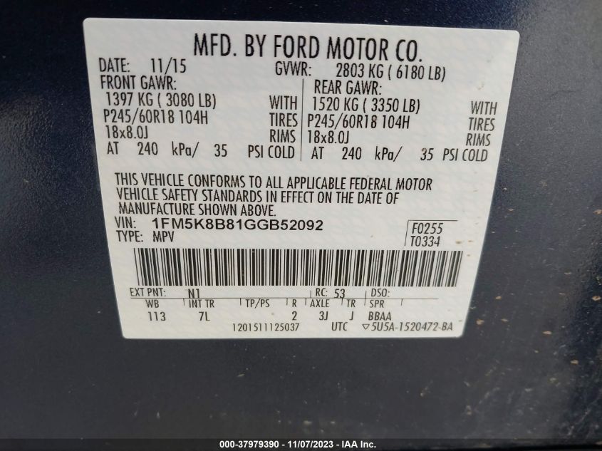 2016 FORD EXPLORER BASE - 1FM5K8B81GGB52092