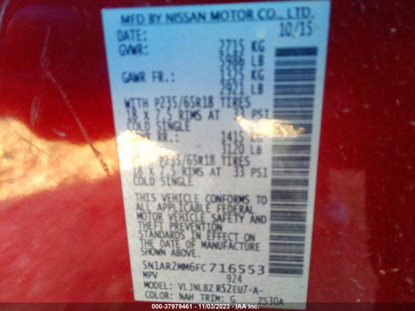 2015 NISSAN PATHFINDER S/SV/SL/PLATINUM - 5N1AR2MM6FC716553