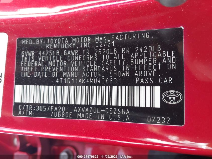 2021 TOYOTA CAMRY SE/SE NIGHT SHADE - 4T1G11AK4MU438631