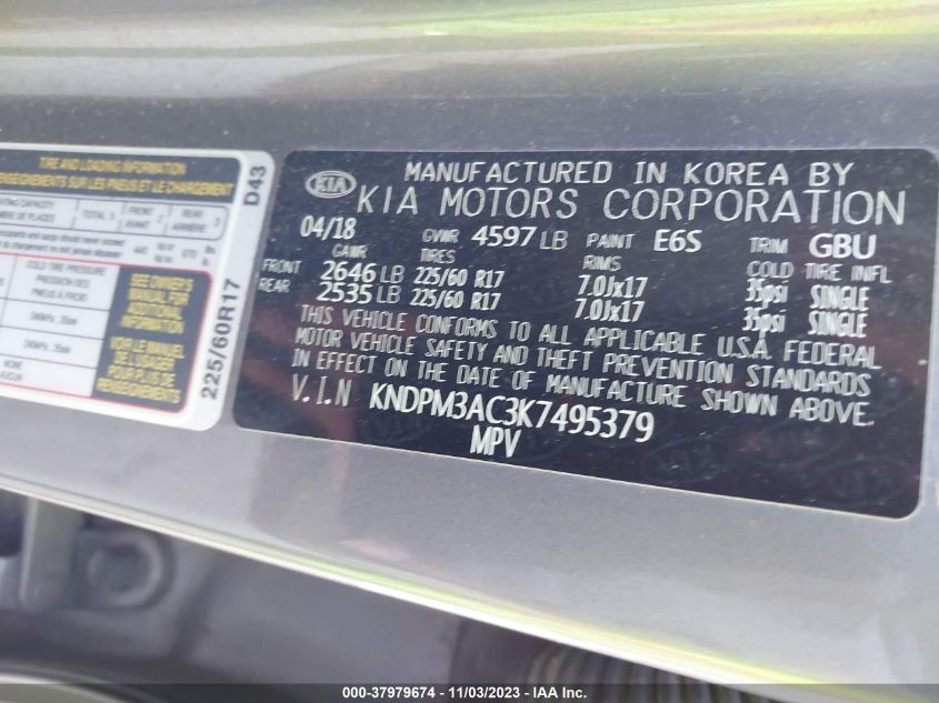 VIN KNDPM3AC3K7495379 2019 KIA SPORTAGE LX