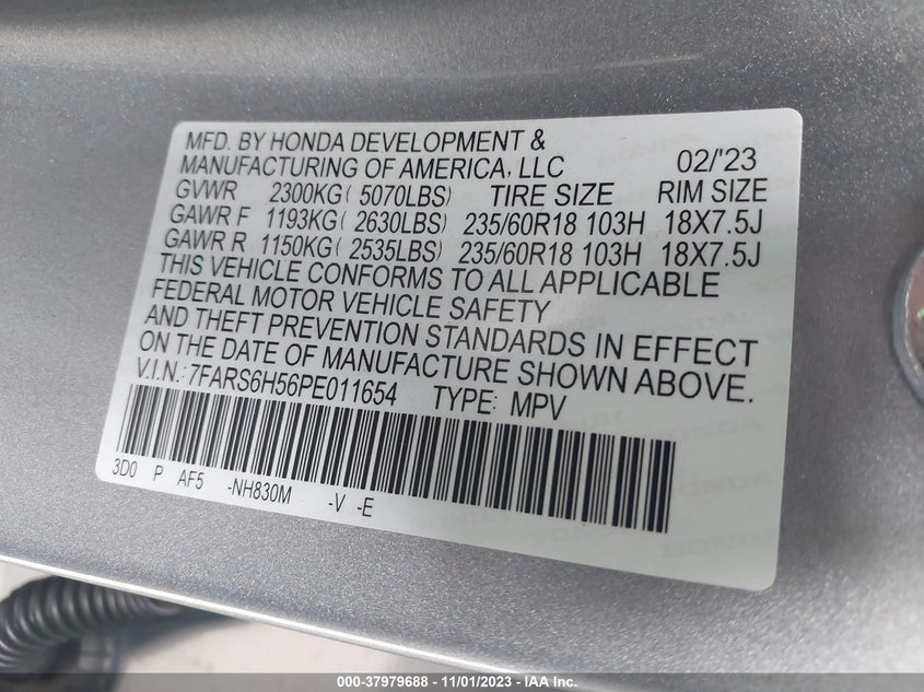 VIN 7FARS6H56PE011654 2023 HONDA CR-V SPORT