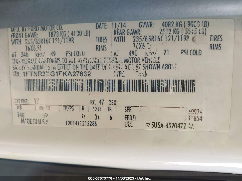 2015 FORD TRANSIT CARGO VAN 1FTNR3XG1FKA27639