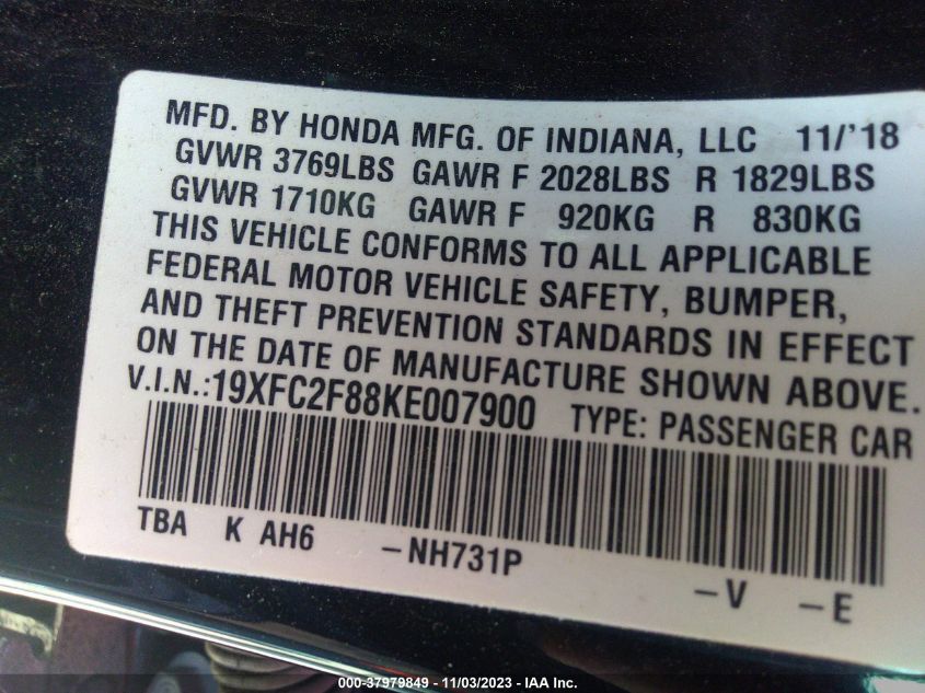 2019 HONDA CIVIC SPORT - 19XFC2F88KE007900
