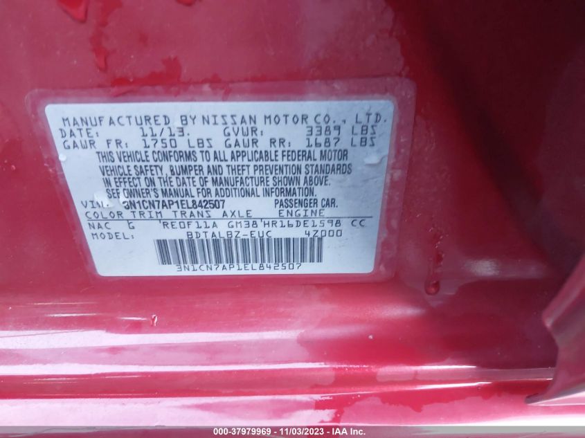 2014 NISSAN VERSA SV - 3N1CN7AP1EL842507