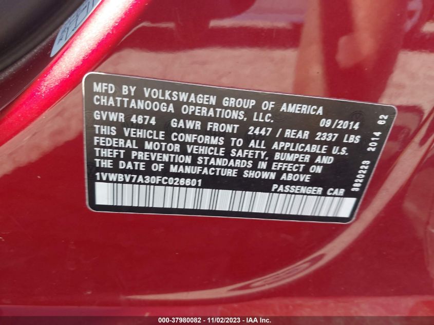 2015 VOLKSWAGEN PASSAT 2.0L TDI SE - 1VWBV7A30FC026601