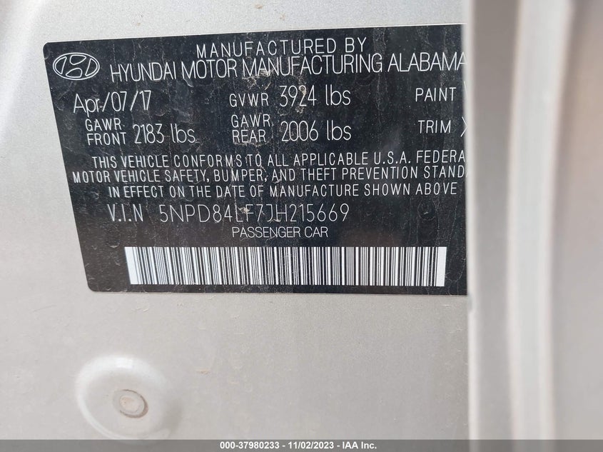 VIN 5NPD84LF7JH215669 2018 HYUNDAI ELANTRA LIMITED