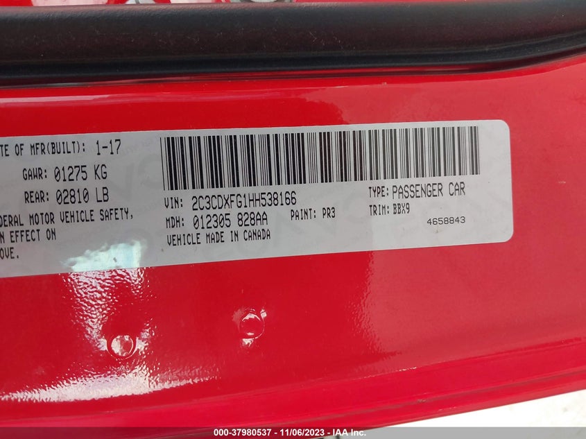 VIN 2C3CDXFG1HH538166 2017 DODGE CHARGER SE