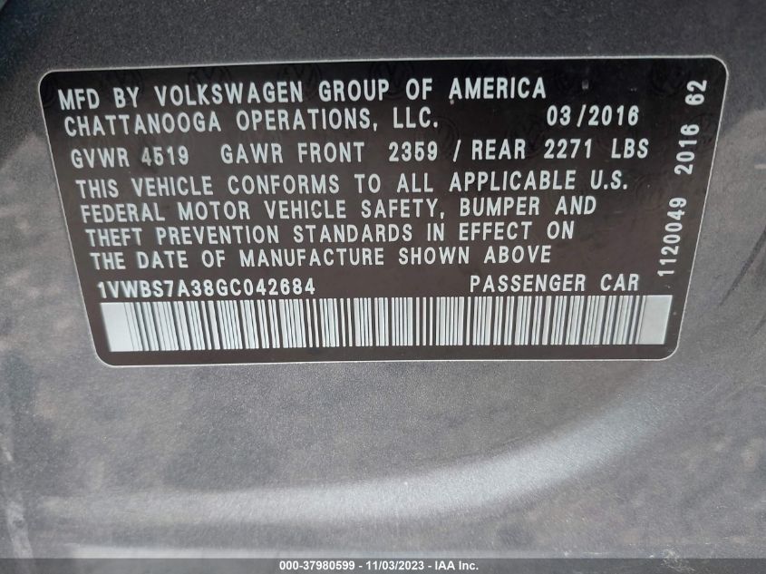 2016 VOLKSWAGEN PASSAT SE - 1VWBS7A38GC042684