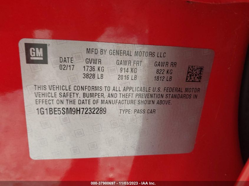 2017 CHEVROLET CRUZE LT - 1G1BE5SM9H7232289