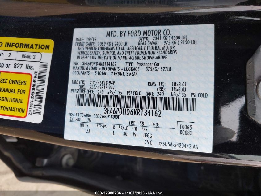 2019 FORD FUSION SE - 3FA6P0HD6KR134162