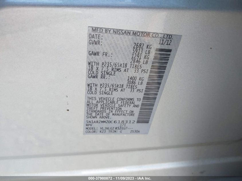 2013 NISSAN PATHFINDER S/SV/SL/PLATINUM - 5N1AR2MM2DC618312