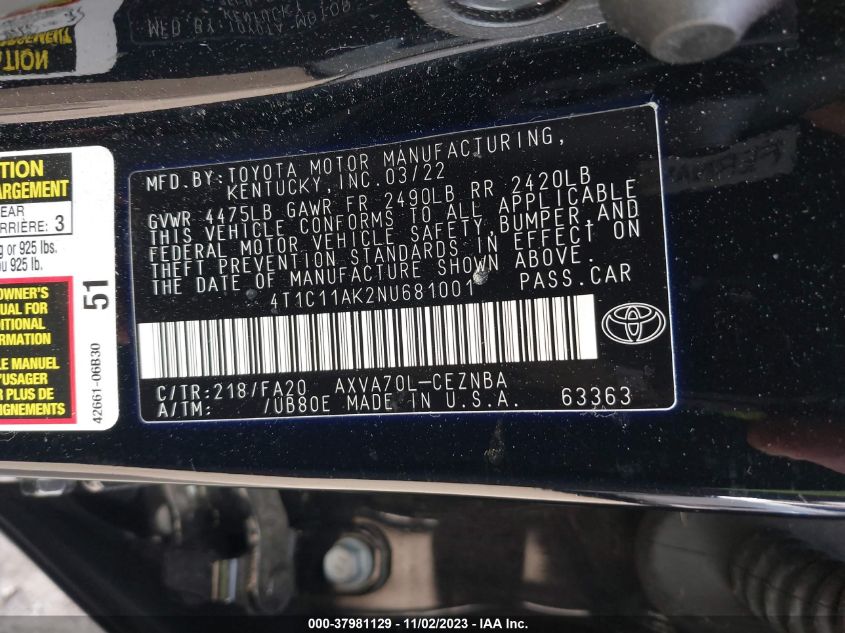 2022 TOYOTA CAMRY LE - 4T1C11AK2NU681001