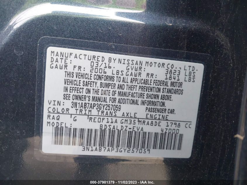 2016 NISSAN SENTRA S/SV/SR/SL - 3N1AB7AP3GY257059