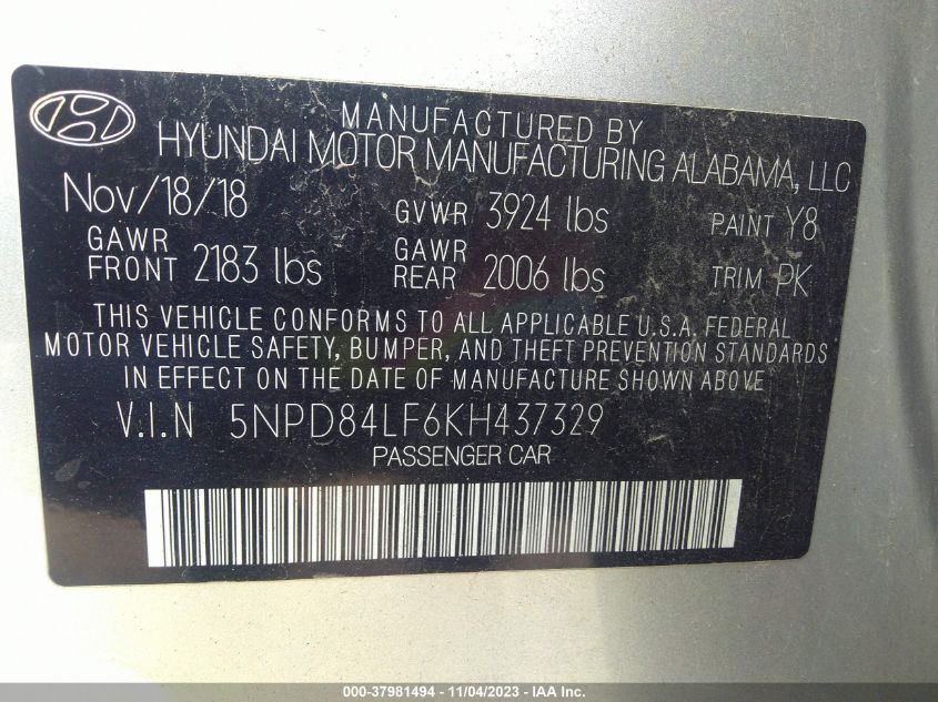 2019 HYUNDAI ELANTRA SEL/VALUE/LIMITED - 5NPD84LF6KH437329