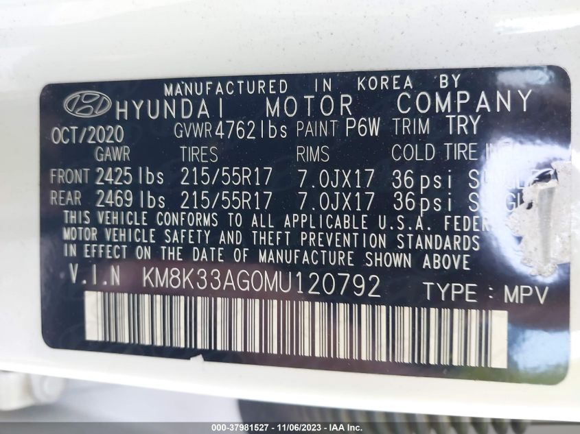 2021 HYUNDAI KONA LIMITED - KM8K33AGOMU120792